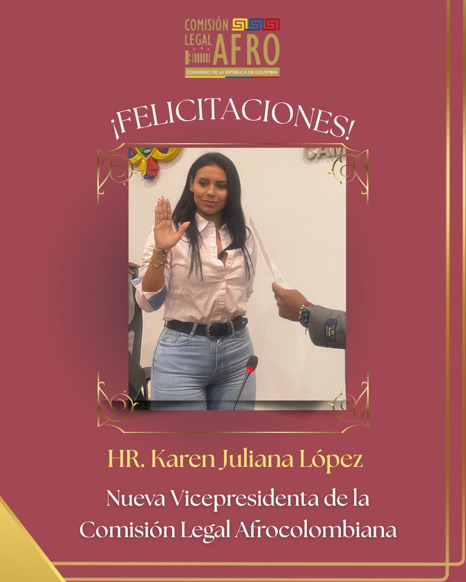 Extendemos un saludo de felicitación a la H.R. Karen Juliana López (<a href="/KarenJLopezS/">Karen López</a>) por asumir la Vicepresidencia de la Comisión Legal Afrocolombiana. Su compromiso con los derechos de nuestras comunidades afrodescendientes fortalece caminos a una Colombia más justa e incluyente.