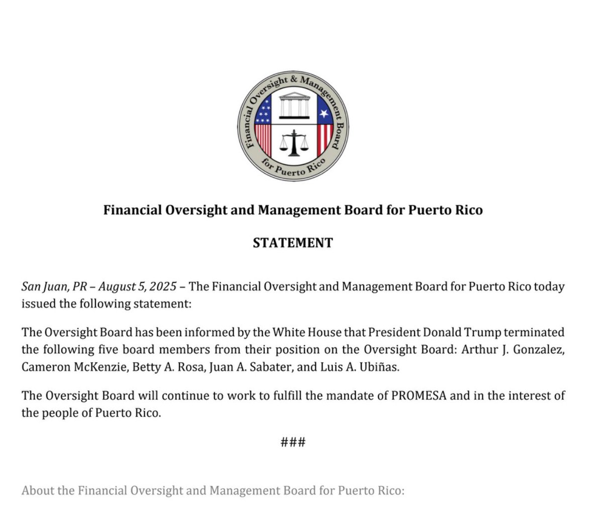 BREAKING- Anoche lo negaron... Hoy, la #JuntaDeControlFiscal @FOMBPR, admite que fue informada del despido por parte del presidente @realDonaldTrump de cinco de sus siete miembros. #PuertoRico 