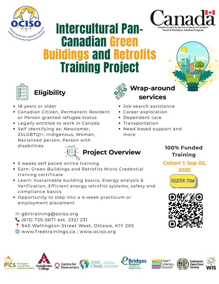 🌱 Launch your green career!

Join OCISO’s FREE Green Buildings &amp; Retrofits program:
✅ 5-week online training
✅ Certificate + job placement
✅ Supports included

Starts Sept 2. Open to newcomers &amp; equity-deserving groups.
🔗 pc.freetrainings.ca