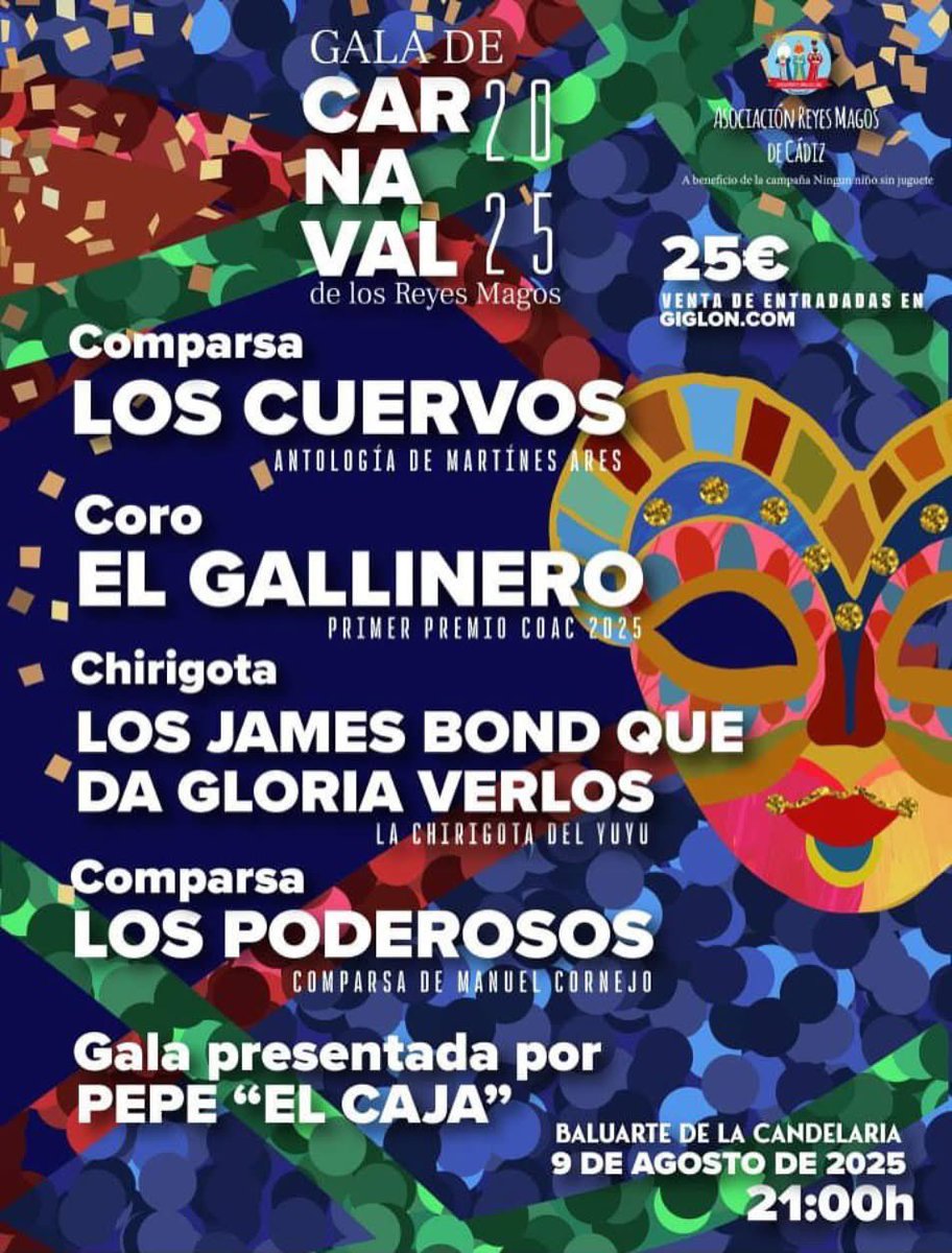 La gala de 𝗖𝗮𝗿𝗻𝗮𝘃𝗮𝗹 𝗱𝗲𝗹 𝘃𝗲𝗿𝗮𝗻𝗼 llega de la mano de la Asociación de Reyes Magos 🎭🐔

Disfruta de #ElGallinero en:

🗓️ 09.08.24 | Cádiz
⏰ 21:00h
📍 Baluarte de la Candelaria
🎟 giglon.com

#CarnavaldeCadiz #ReyesMagos #Carnaval #CorodelosEstudiantes