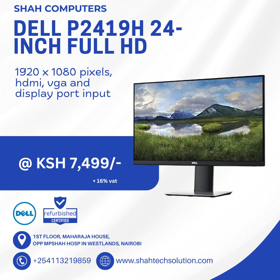 shahcomputers_'s tweet image. Transform your desk with the Dell P2419H 24&quot; Full HD Monitor – sharp display, sleek design &amp;amp; versatile connections.
Only KSh 7,499/- + VAT. Limited stock!
📞 0113219859 | 🌐 shahtechsolution.com