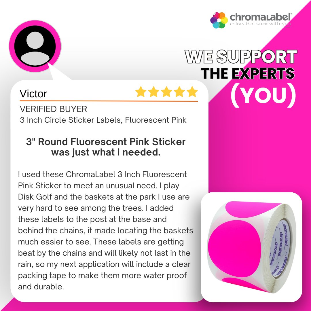 ChromaLabel's tweet image. Disc golf + fluorescent pink = a game changer! 💥
Victor used our 3" round stickers to make hard-to-spot baskets easier to see in the trees. Even better? He’s pairing them with clear tape for extra durability. Now that’s smart labeling on (and off) the course. ⛓️💡

#ChromaLabel