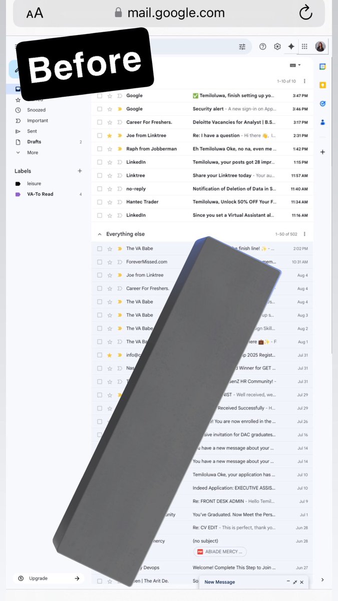Temiiloluwa2's tweet image. Day 5 VAMock Project

Inbox management? Say less.

Set up filters, folders, and gave my inbox a full VA glow-up🥳

Your Savvy VA is soo ready for that role!

Tagging Brilliant Human @AlabaUmar_ 
#VirtualAssistant #portfoliobuild