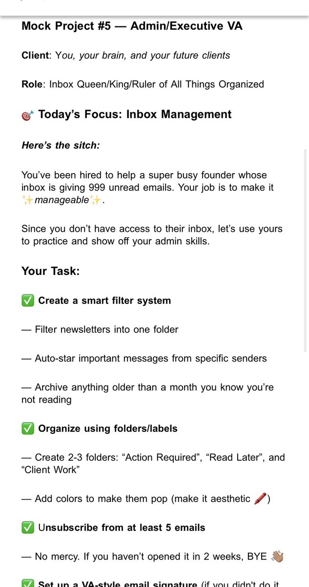 Temiiloluwa2's tweet image. Day 5 VAMock Project

Inbox management? Say less.

Set up filters, folders, and gave my inbox a full VA glow-up🥳

Your Savvy VA is soo ready for that role!

Tagging Brilliant Human @AlabaUmar_ 
#VirtualAssistant #portfoliobuild