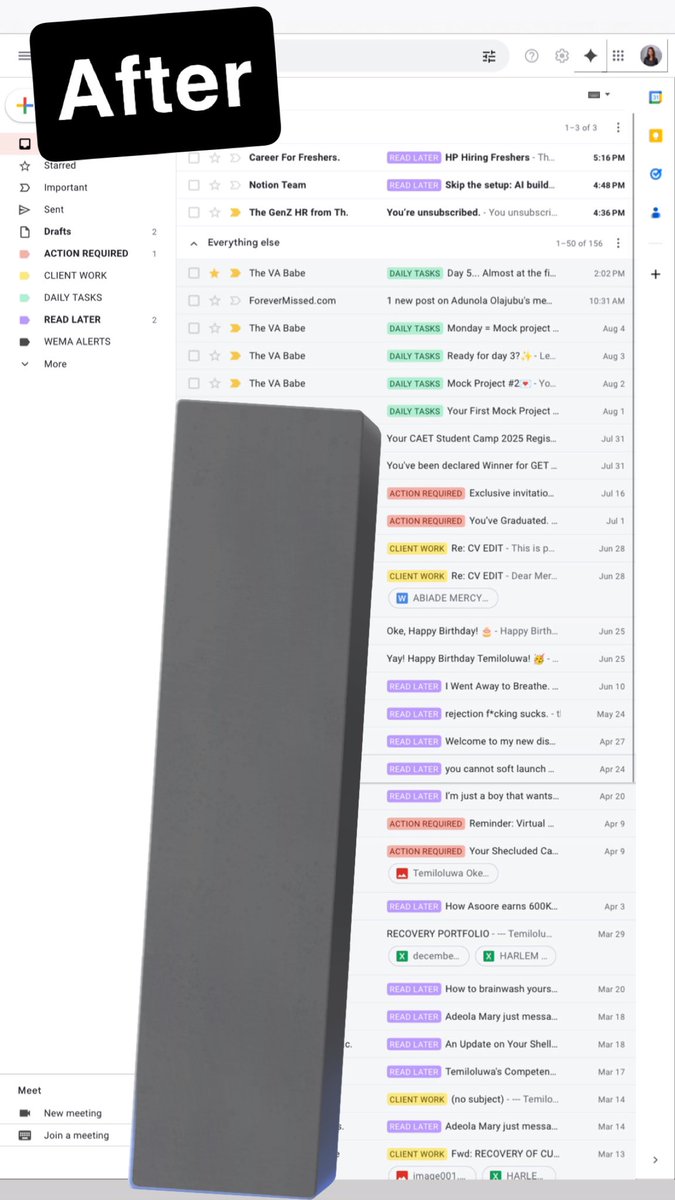 Temiiloluwa2's tweet image. Day 5 VAMock Project

Inbox management? Say less.

Set up filters, folders, and gave my inbox a full VA glow-up🥳

Your Savvy VA is soo ready for that role!

Tagging Brilliant Human @AlabaUmar_ 
#VirtualAssistant #portfoliobuild