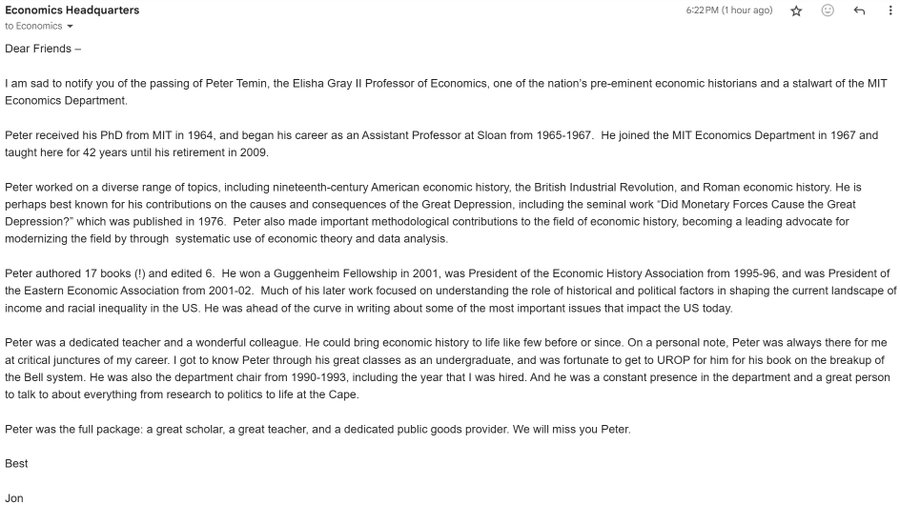 From <a href="/joachim_voth/">Joachim Voth</a>, the great Peter Temin has passed away. An old-school economic historian, he published in pure history journals, knew his economic theory well, and worked on 'the big questions' from Ancient Rome to the Great Depression. 1/2