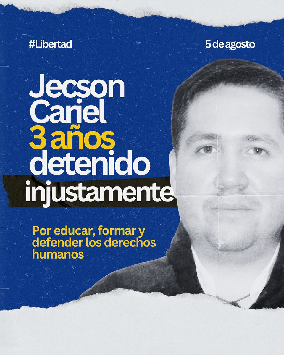📢 Jecson Cariel lleva 3 años injustamente detenido.
Desde el 5 de agosto de 2021 permanece preso en El Helicoide, sin juicio, sin pruebas, sin justicia.

Su único "delito" fue educar, formar y defender derechos humanos.
Hoy, exigimos su libertad.