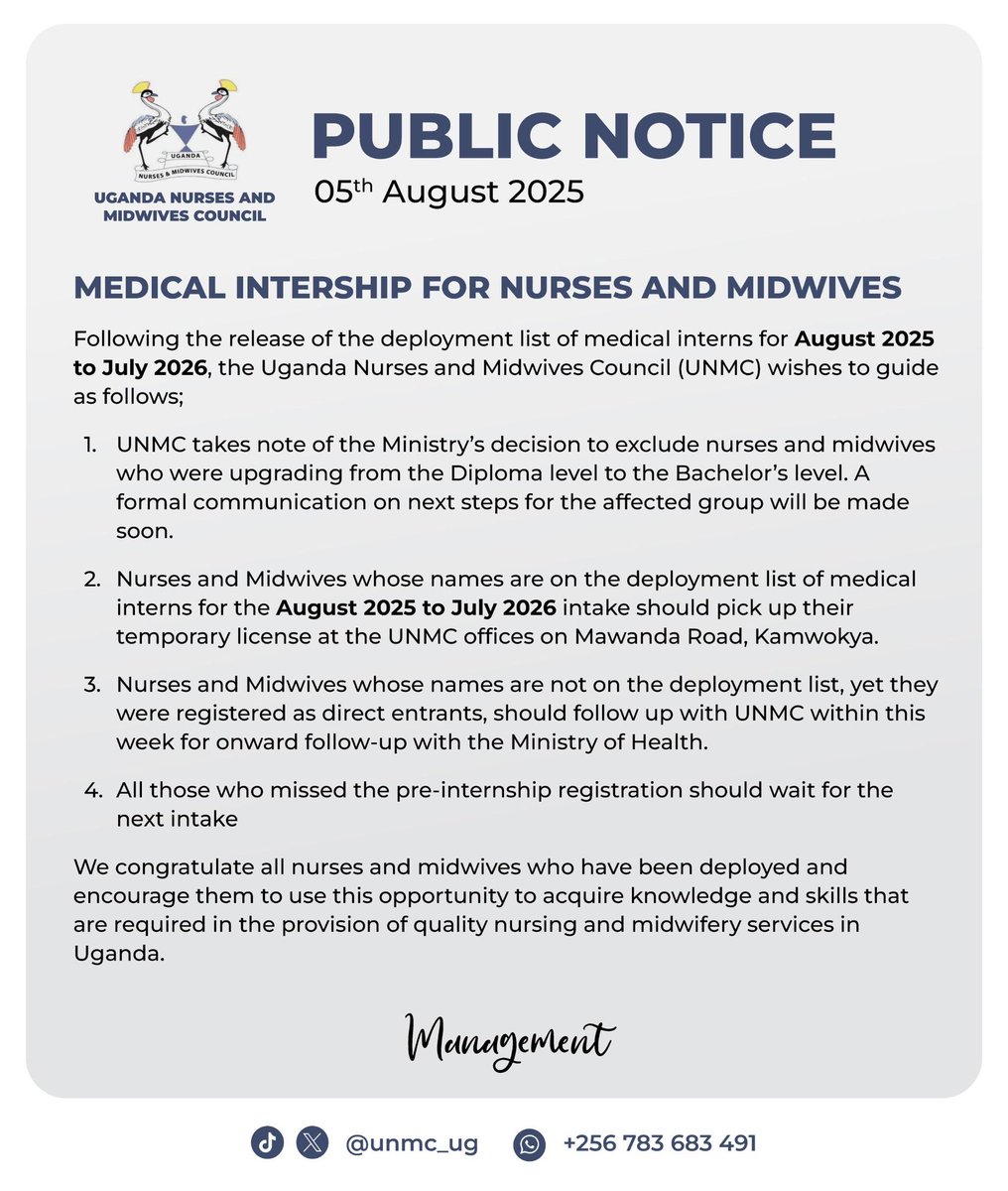 Uganda Nurses & Midwives Council (@unmc_ug) on Twitter photo 📌 Notice on medical internship for nurses and midwives (August 2025 to July 2026) cohort.
<a href="/MinofHealthUG/">Ministry of Health- Uganda</a> <a href="/DianaAtwine/">Dr. Diana Atwine</a> <a href="/JaneRuth_Aceng/">Dr. Jane Ruth Aceng Ocero</a> 📌 Notice on medical internship for nurses and midwives (August 2025 to July 2026) cohort.
<a href="/MinofHealthUG/">Ministry of Health- Uganda</a> <a href="/DianaAtwine/">Dr. Diana Atwine</a> <a href="/JaneRuth_Aceng/">Dr. Jane Ruth Aceng Ocero</a>