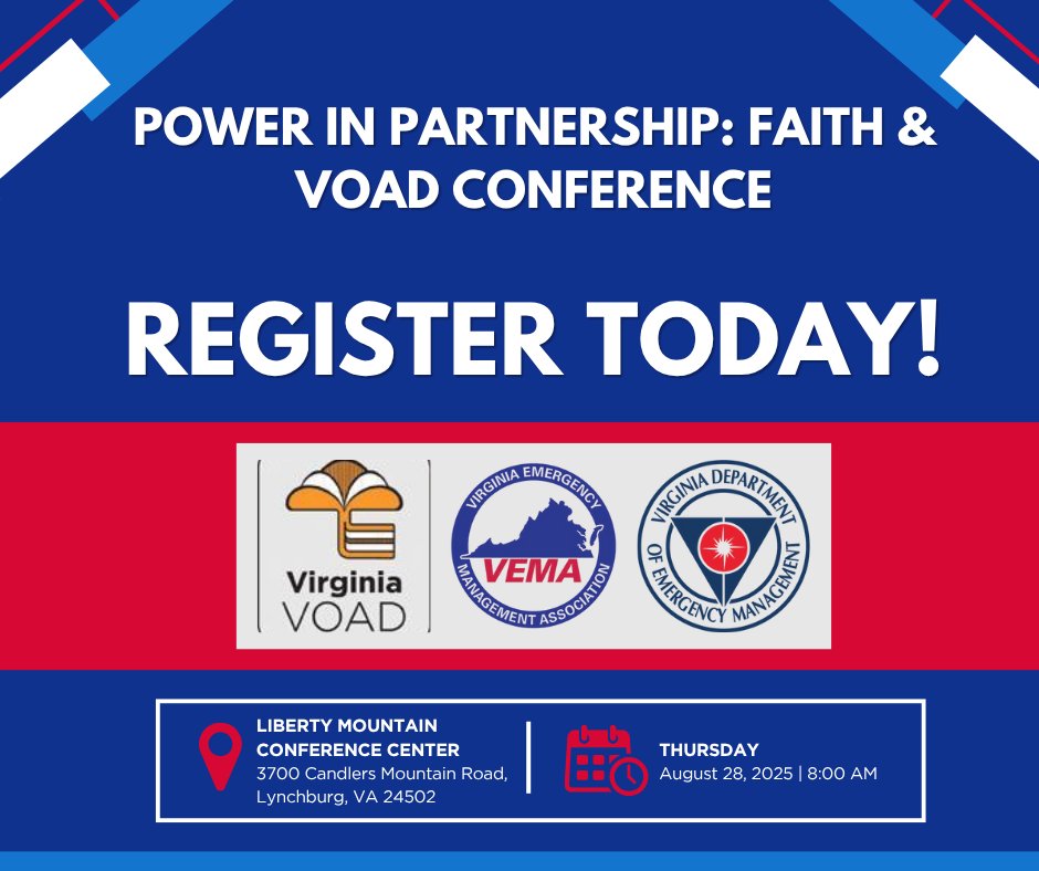 Join us Aug 28 in Lynchburg for the Power in Partnership: Faith &amp; VOAD Conference! Connect with faith leaders, EMs &amp; nonprofits to strengthen disaster response.
 🎤Keynote: Maggie Feinstein + Tree of Life survivors
 ✅Register: shorturl.at/lD3E3
