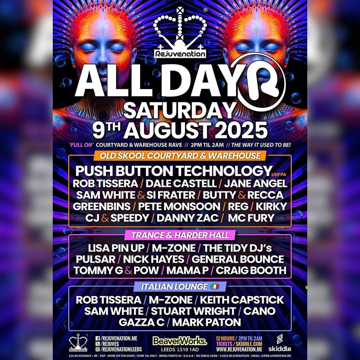 This Saturday!

We got the crazy wild Rejuvenation All Dayer in Leeds. If you haven't been to one yet, why the hell not!

Last few tickets are available here&gt; skiddle.com/whats-on/Leeds…

❤️