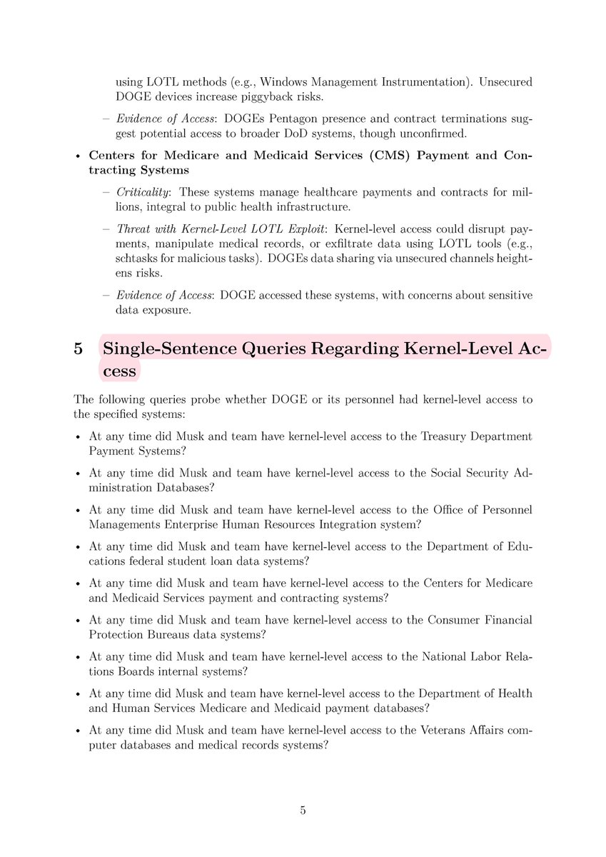 ONeilBox's tweet image. At any time did Elon Musk and/or any member of his DOGE team have admin access to kernel-level .gov systems? Curious public interests would like to know.