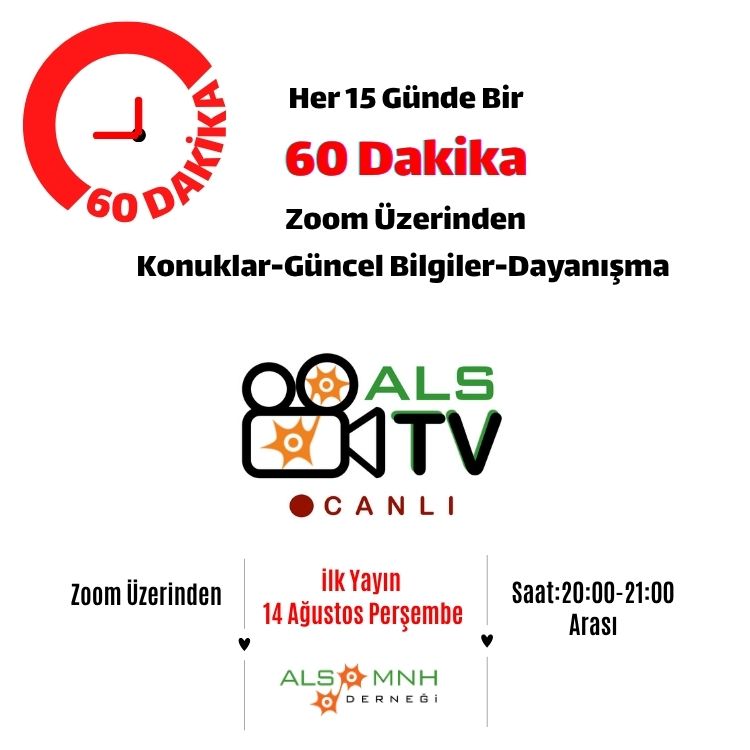 📷 #ALS TV Canlı Yayını Başlıyor!
📷 ALS-MNH Derneği'nden yepyeni bir buluşma noktası: ALS TV
Ağustos ayından başlayacak olan 60 dakika zoom toplantıları, yıl sonuna kadar devam edecek.
15 günde bir Perşembe günleri  Saat 20:00 Kaçırmayın! 
#Als #alstv #zoom  #60dakika
