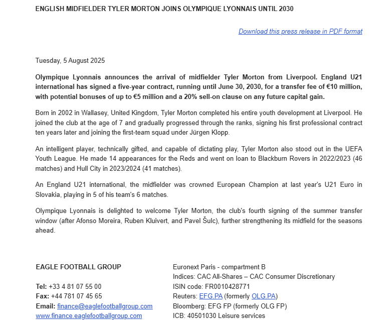 OL announce a transfer fee structure of €10m fixed + €5m variable for Tyler Morton (with 20% sell-on clause as reported).