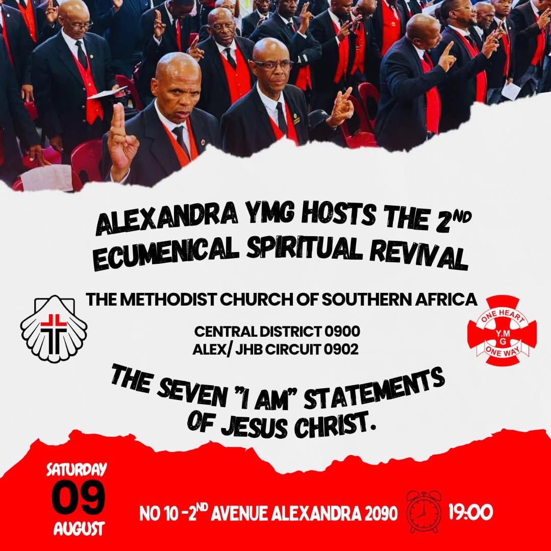 asewesile's tweet photo. The Alexandra YMG proudly presents the 2nd Ecumenical Spiritual Revival, a night of powerful worship, fellowship, and reflection on:
✝️ “The Seven ‘I AM’ Statements of Jesus Christ”
📍 Location: 10 – 2nd Avenue, Alexandra, 2090
📅 Date: Saturday, 09 August
🕖 Time: 19:00 sharp https://t.co/P3WSkfCIgL