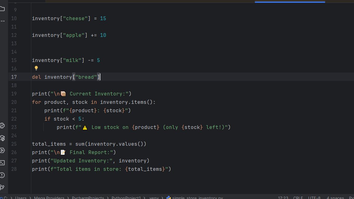 ayazizara's tweet image. Simple Store Inventory.
@CodeToInspire 
#Python
#WomenInTech 
#AfghanGirlCode
#Programming