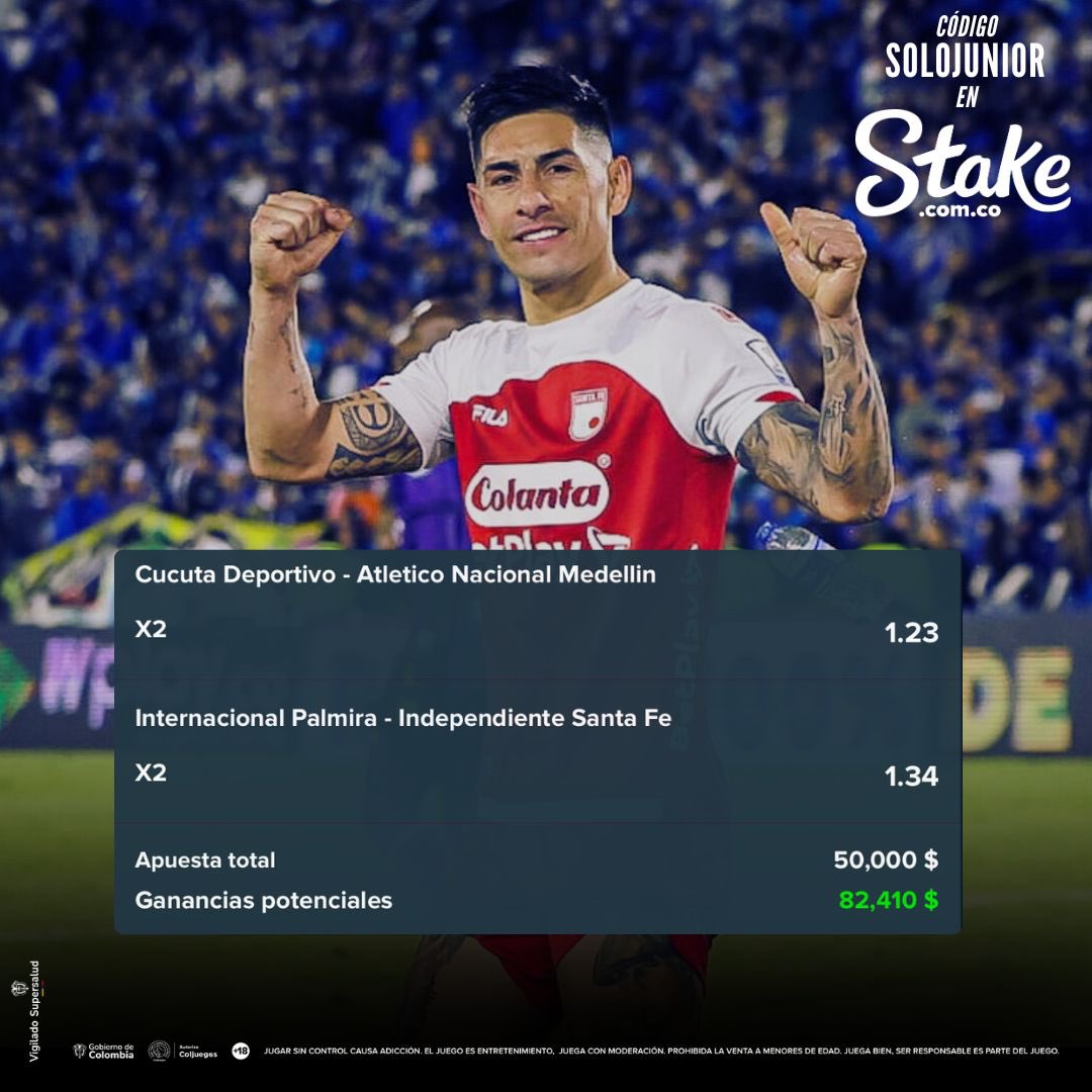 🔥. Hoy por copa ganan o empatan Santa Fe y Nacional. 
Cuota 1.65

Regístrate en <a href="/StakeColombia/">Stake Colombia</a> con el código SOLOJUNIOR, deposita $50.000 y te damos $50.000 en una apuestas gratis ->  stake.com.co/es/bienvenida?…