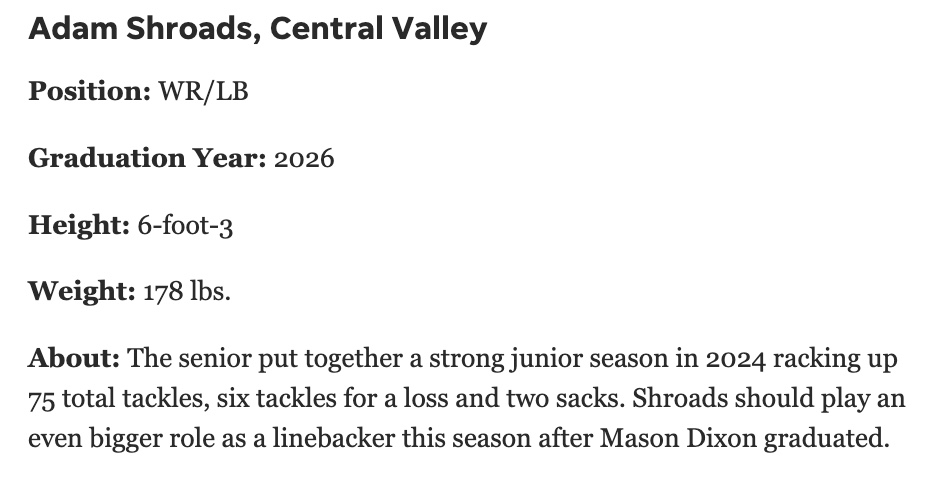 Central Valley Quarterback Club-Warriors Football (@cvqbclub) on Twitter photo 🏈💪 Big shoutout to <a href="/AdamShroads4/">Adam Shroads</a> for being recognized by the Beaver County Times as one of the Top 15 High School Breakout Candidates!
Standing 6’3” and 178 lbs, Adam is a dual-sport star on the gridiron and the hardwood. After a monster junior season with 75 tackles, 6 TFLs, 🏈💪 Big shoutout to <a href="/AdamShroads4/">Adam Shroads</a> for being recognized by the Beaver County Times as one of the Top 15 High School Breakout Candidates!
Standing 6’3” and 178 lbs, Adam is a dual-sport star on the gridiron and the hardwood. After a monster junior season with 75 tackles, 6 TFLs,