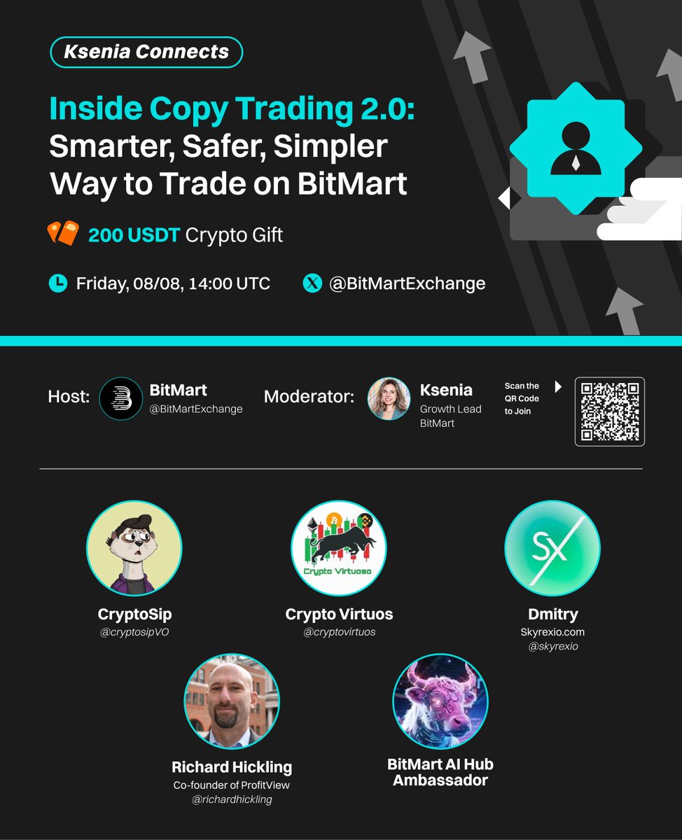 BitMartExchange's tweet image. This Friday at #KseniaConnects, we’re unlocking the next evolution in trading with Copy Trading 2.0 on BitMart!

🔍 Topic: &quot;Inside Copy Trading 2.0: Smarter, Safer, Simpler Way to Trade on BitMart&quot;

🎁 200 USDT Crypto Gift !

📅 Date: Friday, August 8
🕑 Time: 14:00 UTC
📍 Set…