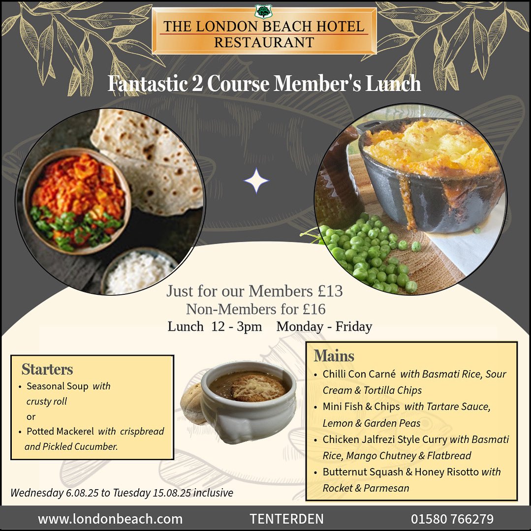 Fantastic Member’s deal, exclusively for our #Members and their guests! For only £13, enjoy a delicious 2-course meal with starter and your choice of main course. Lunch from 12-2pm Monday to Friday. Our menu changes weekly, so don't miss out Join us today!🍽️