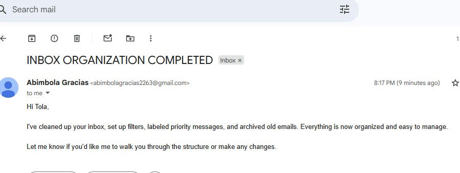 GraceTheVAPro's tweet image. Inbox management? Say less. Set up filters, folders, and gave my inbox a full VA glow-up.
@AlabaUmar_ Kindly help review 
DAY 5/30 
#VirtualAssistant #ExecutiveAssistant #technews2000