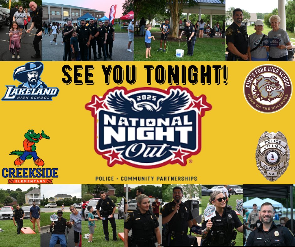 SuffolkVaPD's tweet photo. Today is the BIG day!!! 😁🖤💛
Catch the SPD at any of the main three locations for National Night Out!! See you all soon!!
📌 Kings Fork High School
📌Lakeland High School
📌Creekside Elementary School
#NationalNightOut #explore #police #SuffolkPolice #SPD #PoliceAndCommunity https://t.co/0rELt0uUFI