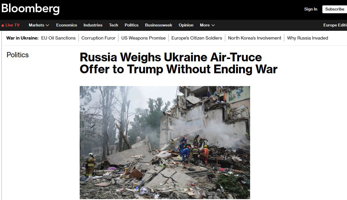 Russia is considering a limited air truce with Ukraine without a complete cessation of hostilities

According to Bloomberg, the Kremlin is considering halting drone and missile strikes as a gesture toward Trump, while continuing the war.

This move is aimed at reducing pressure