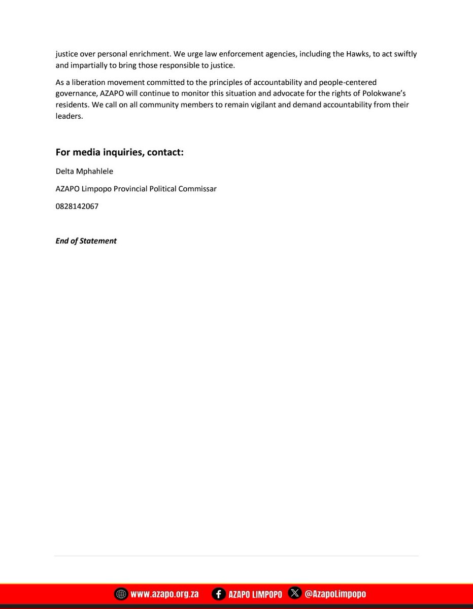 TO All Media Houses.
For Immediate Release

AZAPO LIMPOPO MEDIA STATEMENT ON ALLEDGED CORRUPTION IN POLOKWANE LOCAL MUNICIPALITY.

"AZAPO Limpopo Calls for the immediate suspension of the Executive Mayor John Mpe and Muncipal Manager"

#CorruptionPolokwane