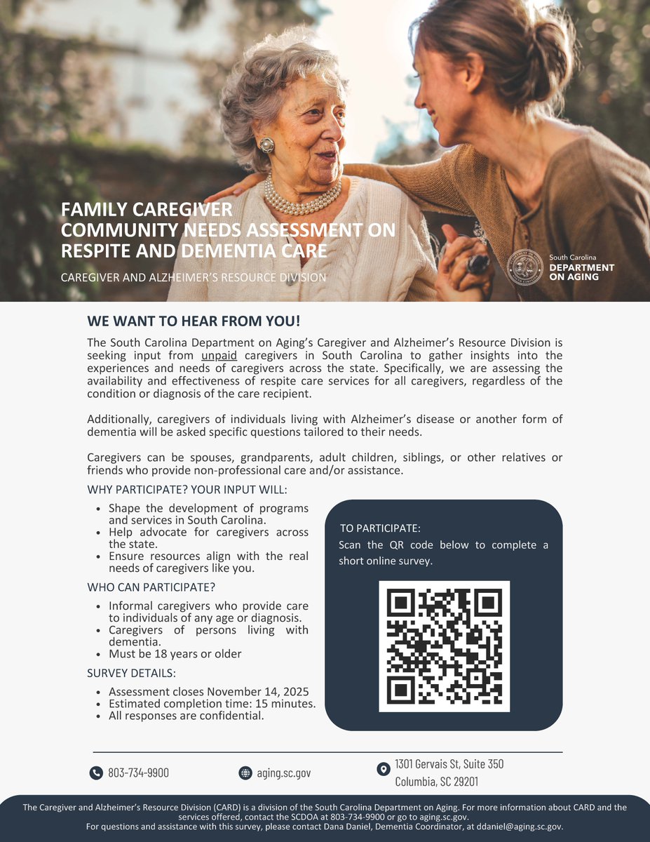 SC Dept. on Aging’s Caregiver &amp; Alzheimer’s Div. seeks input from unpaid SC caregivers to assess respite care services' availability &amp; effectiveness for all caregivers, regardless of care recipient’s condition. 

Take survey: questionprogov.com/t/AC5vZJAt
