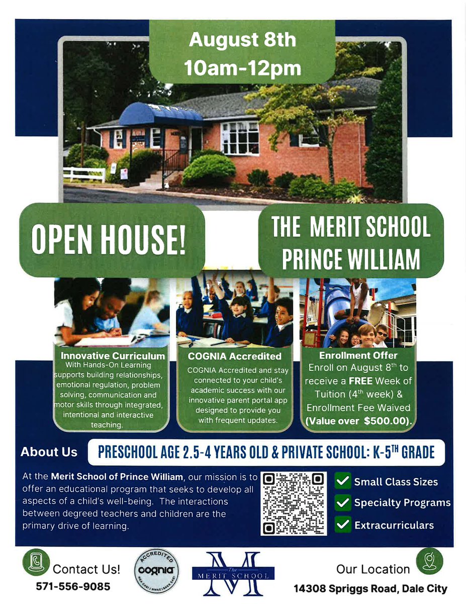 lle_group's tweet photo. You're Invited! Join us this Friday, August 8th from 10:00AM – 12:00PM for a special Open House event at The Merit School of Prince William! Explore our curriculum. Discover exciting enrollment offers and meet our dedicated team. Where learning thrives, families belong. Welcome! https://t.co/WDwebEvGoi