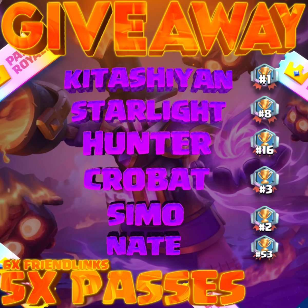 Niko (@n1ko_cr) on Twitter photo 🎉HUGE GIVEAWAY🎉
5x Diamond Pass
6x Friend Links 
To Enter:
- Follow <a href="/N1ko_cr/">Niko</a> 
- Follow <a href="/Hunter_Clash_/">Hunter</a> 
- Follow <a href="/Spoiger_cr/">Spoiger</a> 
- Follow <a href="/Kitashiyan/">Kitashiyan(きたしやん)</a> 
- Follow <a href="/starlightcr_1/">⭐️</a> 
- Follow <a href="/Simobencr1/">Celestia🩵🦜</a> 
- Follow @crobat1217
- Follow <a href="/batnatee/">Nate</a> 
- Like ❤️ + Retweet 🔁
Ends in 7 days. 🎉HUGE GIVEAWAY🎉
5x Diamond Pass
6x Friend Links 
To Enter:
- Follow <a href="/N1ko_cr/">Niko</a> 
- Follow <a href="/Hunter_Clash_/">Hunter</a> 
- Follow <a href="/Spoiger_cr/">Spoiger</a> 
- Follow <a href="/Kitashiyan/">Kitashiyan(きたしやん)</a> 
- Follow <a href="/starlightcr_1/">⭐️</a> 
- Follow <a href="/Simobencr1/">Celestia🩵🦜</a> 
- Follow @crobat1217
- Follow <a href="/batnatee/">Nate</a> 
- Like ❤️ + Retweet 🔁
Ends in 7 days.