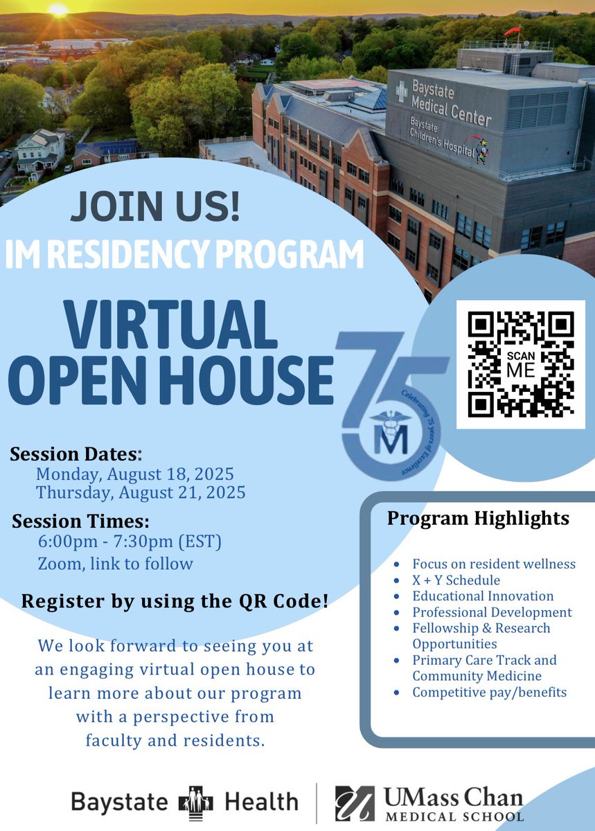 UMass Chan - Baystate Internal Medicine Residency (@baystateim) on Twitter photo 🎯 Match season is just around the corner! Come meet the Baystate IM crew and see why we’re one of a kind 💙
📅 Aug 18 & 21 | ⏰ 6-7:30 PM EST | 💻 Zoom
📲 Scan the QR code to register! 🎯 Match season is just around the corner! Come meet the Baystate IM crew and see why we’re one of a kind 💙
📅 Aug 18 & 21 | ⏰ 6-7:30 PM EST | 💻 Zoom
📲 Scan the QR code to register!