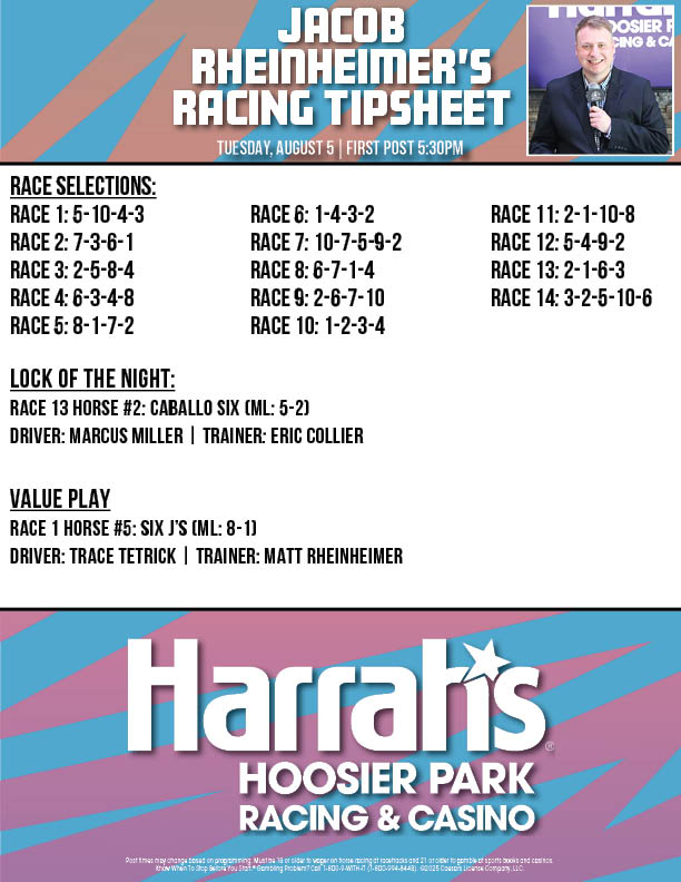 Here's a look at <a href="/JRhein98/">Jacob Rheinheimer</a>'s picks for tonight <a href="/HoP_Racing/">Harrah's Hoosier Park</a> #PlayHP