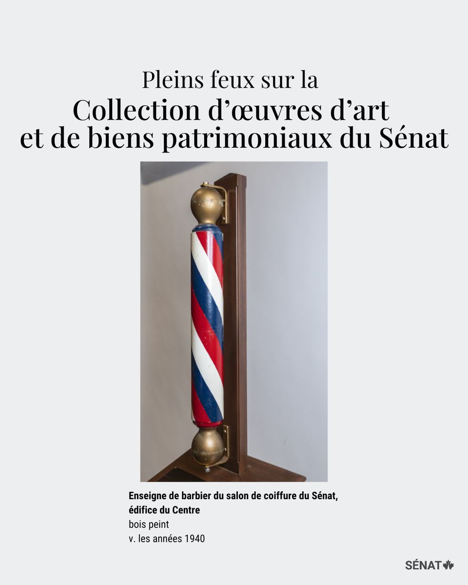 Une enseigne de barbier en bleu, rouge et blanc, qui aurait été utilisée dans le salon de coiffure du Sénat dans l’édifice du Centre dès les années 1940, est exposée le long du parcours de visite dans l’édifice du Sénat du Canada.

Vous ne pouvez pas vous rendre sur place?