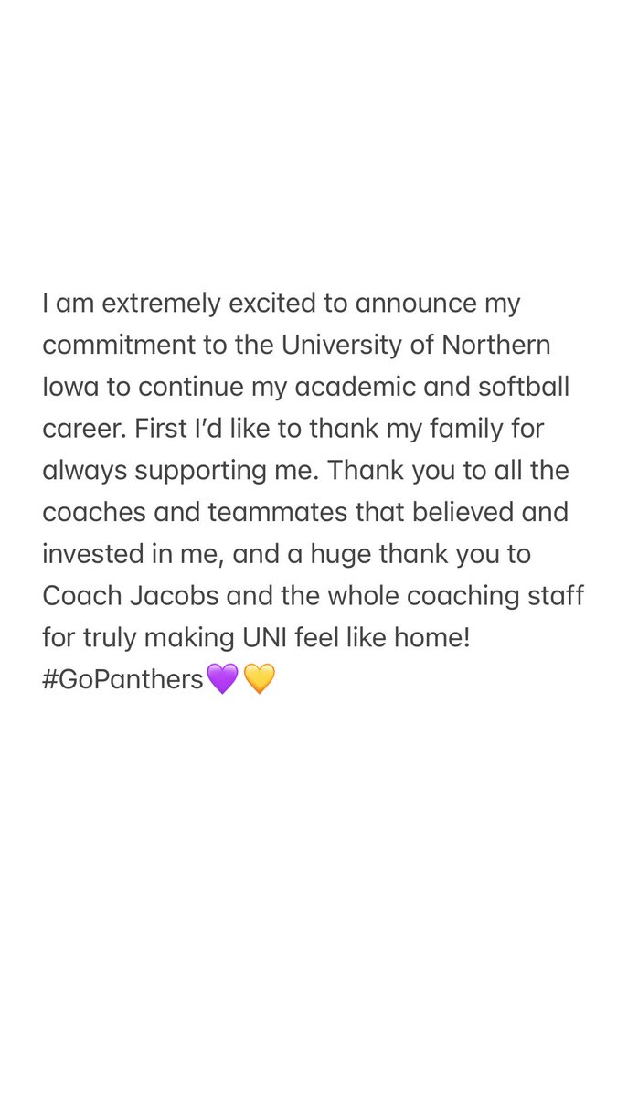 Molly Carlson (@mcarlson1220) on Twitter photo I am so exited to announce my commitment to the University of Northern Iowa! #GoPanthers🐆💜💛
#EverLoyal #Committed
<a href="/UNISoftball/">UNI Softball</a> <a href="/CoachMWright3/">Monica Wright</a> <a href="/KAlstott/">Kyle Alstott</a> <a href="/OJadams01/">Ozzie Adams</a>
<a href="/ICCityHighSB/">IC City High SB</a> <a href="/BarracudasFP/">Eastern Iowa Barracudas</a> I am so exited to announce my commitment to the University of Northern Iowa! #GoPanthers🐆💜💛
#EverLoyal #Committed
<a href="/UNISoftball/">UNI Softball</a> <a href="/CoachMWright3/">Monica Wright</a> <a href="/KAlstott/">Kyle Alstott</a> <a href="/OJadams01/">Ozzie Adams</a>
<a href="/ICCityHighSB/">IC City High SB</a> <a href="/BarracudasFP/">Eastern Iowa Barracudas</a>