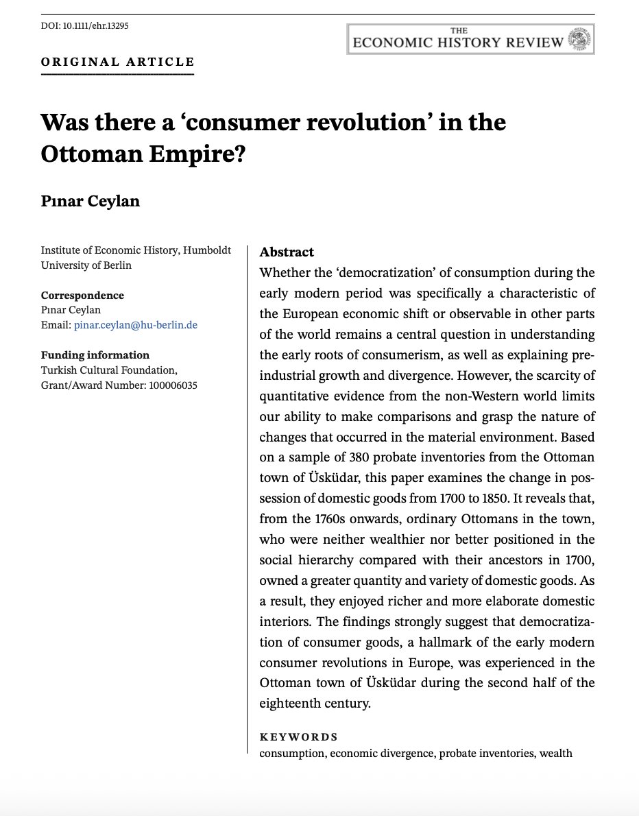 Osmanlı toplumunda tüketim artışı sadece elitle mi sınırlıydı?

Pınar Ceylan, Economic History Review’de yayımlanan makalesinde (2024; 77: 823–848) Üsküdar’da 1700–1850 arası tereke kayıtlarını inceleyerek bu soruya yeni bir yanıt sunuyor.
doi.org/10.1111/ehr.13…
