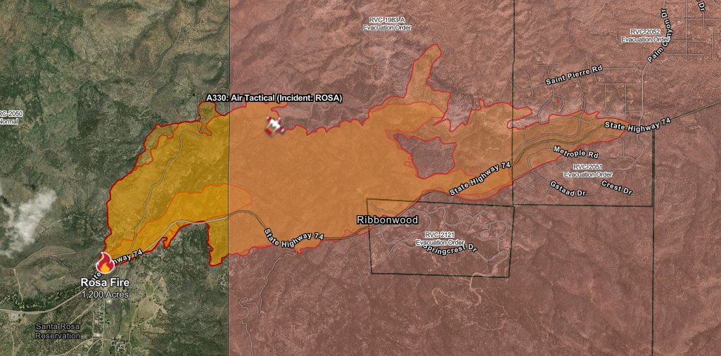engineco16's tweet photo. #RosaFire We have a new map but no acreage. So I mapped it with the updated perimeter and got 1,607 acres, it still says 1,200 from last night.  On their map it shows a 50 acre island, let's see if they burn it out today. @SanBernardinoNF https://t.co/A4dHcPWzwI