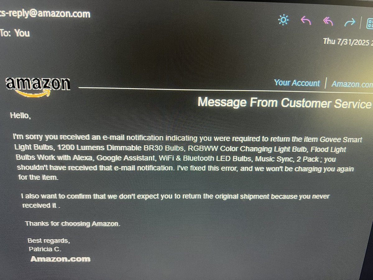 BloodKnightCae's tweet photo. Hey @AmazonHelp 
Had an item not show up in February. It was marked as wrong item received and required a return. I’ve since tried to get this fixed and I’ve contacted customer service 5 times. Got an email last week saying it’s finally fixed. Then another email shows up today… https://t.co/3ztCg66hKL
