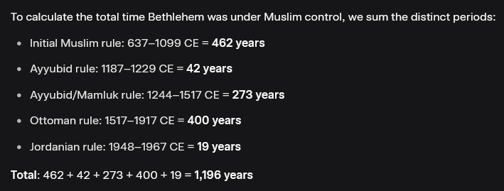 HarrisonHSmith's tweet photo. Bethlehem, Jesus' birthplace, was under Muslim rule for nearly 1200 years from 637-1947.

During that time, the Christian population never went below 85%.

In the 77 years since Israel was founded, that has dropped to just 10%

Mike Johnson is working with Israel to make it 0% https://t.co/eI3cqgIwsY