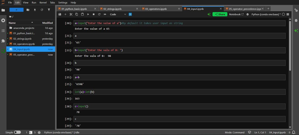 itsrabisankar's tweet photo. ๐It's DAY-08 (05-08-2025)
๐ The Ultimate Job Ready Data Science Course via @codewithharry
๐Topics Covered Today Python Refresher(For Data Science)
=>Taking input from the user
=>Operator Precedence
Thanks to my mentor
#DataScience #DataAnalytics #LearnDataScience https://t.co/oRJRFV1jDW