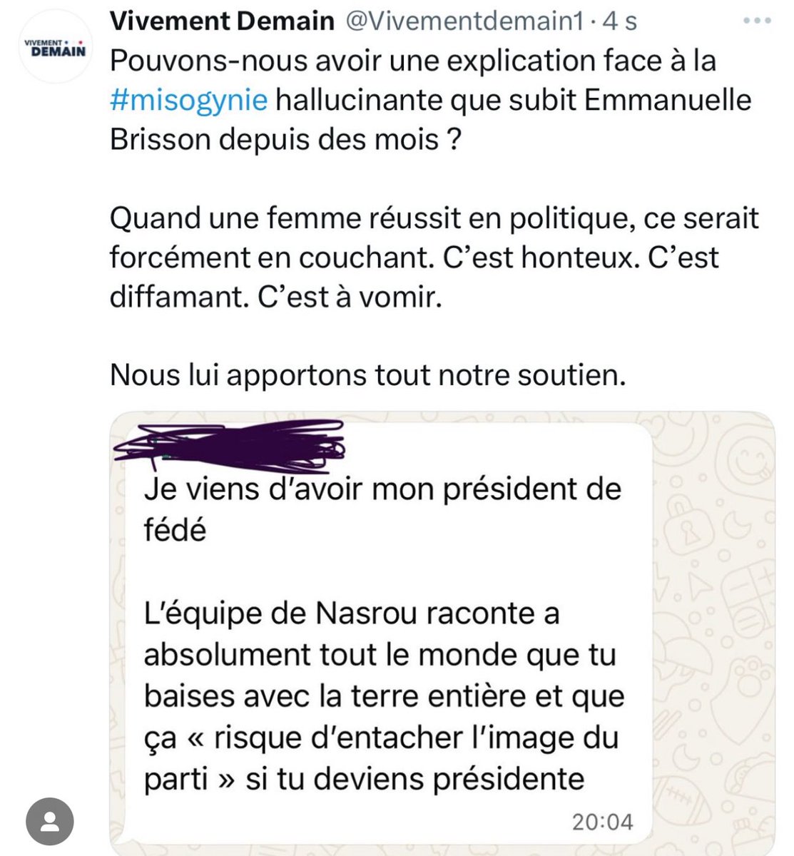 Sacha FRANCE-ALBERTINI (@sfrance_alb) on Twitter photo Chère <a href="/EmmanuelleBris4/">Emmanuelle Brisson</a> tu as une nouvelle fois tout mon soutien face à ces attaques mensongères à vomir.
Que des collaborateurs se permettent de divulguer ces rumeurs à des présidents de fédés et à des militants ce n’est absolument pas normal et la vérité doit être rétablie. Chère <a href="/EmmanuelleBris4/">Emmanuelle Brisson</a> tu as une nouvelle fois tout mon soutien face à ces attaques mensongères à vomir.
Que des collaborateurs se permettent de divulguer ces rumeurs à des présidents de fédés et à des militants ce n’est absolument pas normal et la vérité doit être rétablie.