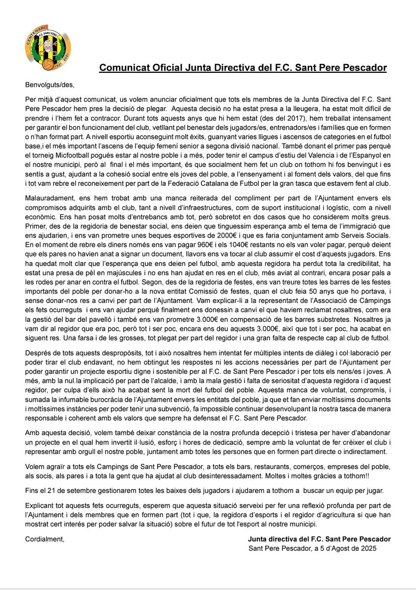 ❌️L'Ajuntament ha jugat brut i el futbol del poble n'ha sortit perjudicat‼️