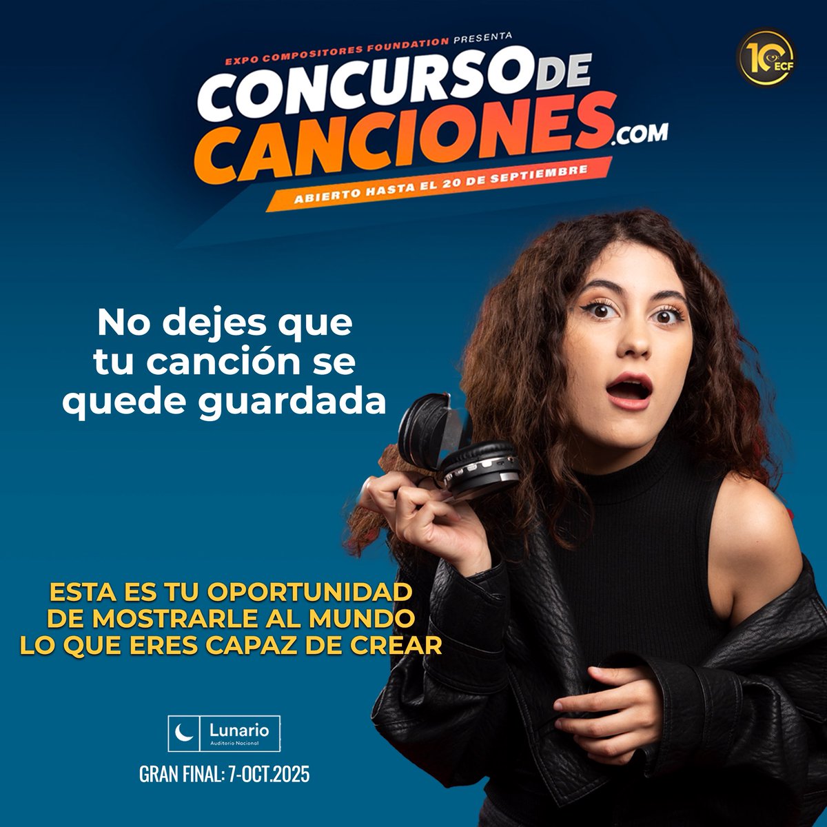 Cada verso que escribes, cada melodía que nace de ti, puede cambiar vidas. En Expo Compositores celebramos ese talento y te invitamos a compartirlo en nuestro concurso anual de canciones.

Participar podría ser el primer paso de algo mucho más grande.

concursodecanciones.com