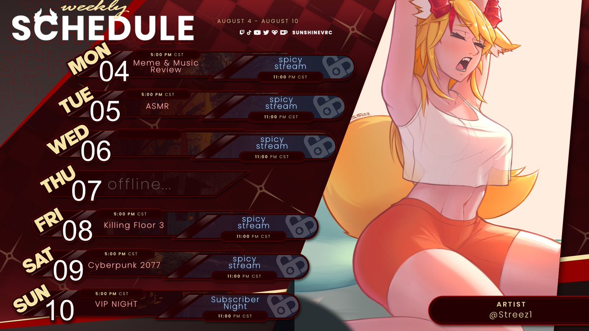 sunnydaevt's tweet image. NEW 🔥ASMR AUDIOS THIS WEEK! + MORE COMMUNITY CONTESTS AND PRIZES!  
🔅TWITCH ✖ twitch.tv/SunshineVRC
🔅PATREON ✖patreon.com/SunshineVRC
🔅YOUTUBE ✖youtube.com/c/SunshineVRC
🔅DISCORD ✖discord.gg/Sunshrine
🔅EXTRAS ✖linktr.ee/SunshineVRC