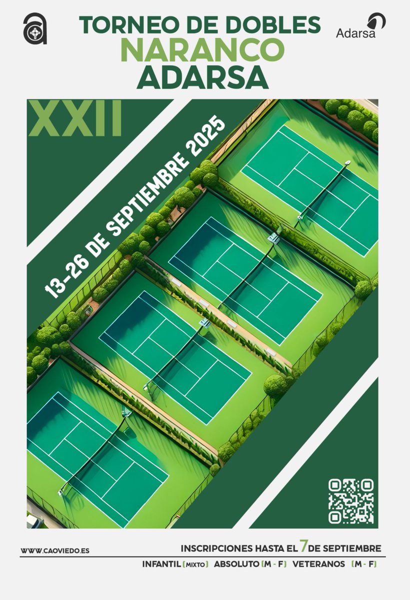 🎾🔥 ¡Abiertas las inscripciones para el XXII Torneo Naranco ADARSA de dobles!
Del 13 al 26 de septiembre, ven a disfrutar de la competición y buen tenis.
Inscríbete ya en 👉 reservascao.com
¡No te lo pierdas! 🏆✨ #somosCAO