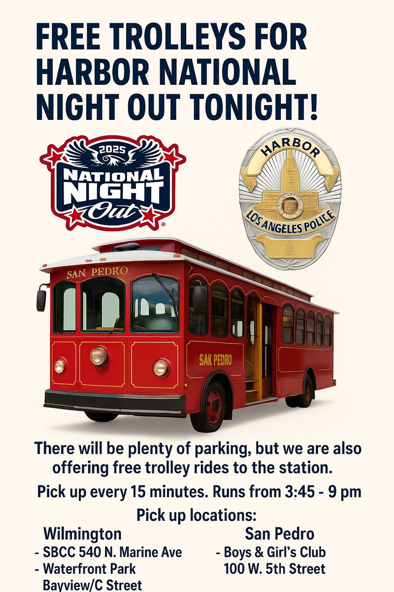 Free Trolley Rides to National Night Out tonight at LAPD Harbor Division. See you tonight!