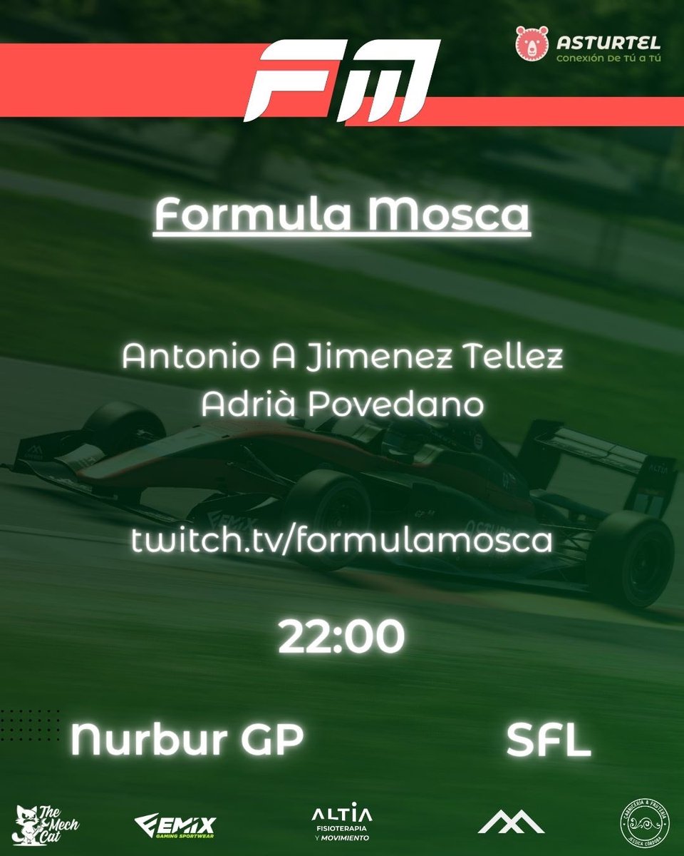 🔥 ¡Esta noche volvemos al asfalto en Formula Mosca!

Nuestros pilotos Antonio A. Jimenez Tellez y Adrià Povedano están listos para darlo todo en el mítico Nürburgring GP.
⚡ La acción arranca a las 22:00 en directo por:
📺 twitch.tv/formulamosca

¿Estás preparado para otra