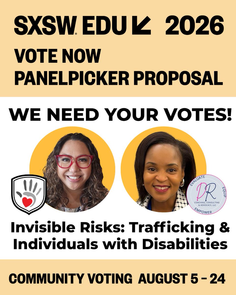 We’ve submitted a session for SXSW 2026: Invisible Risks: Trafficking &amp; Students with Disabilities

Community votes account for a major % of selection
We need your help! Please create an account &amp; vote:
participate.sxsw.com/flow/sxsw/sxsw…

Voting closes Aug 24
