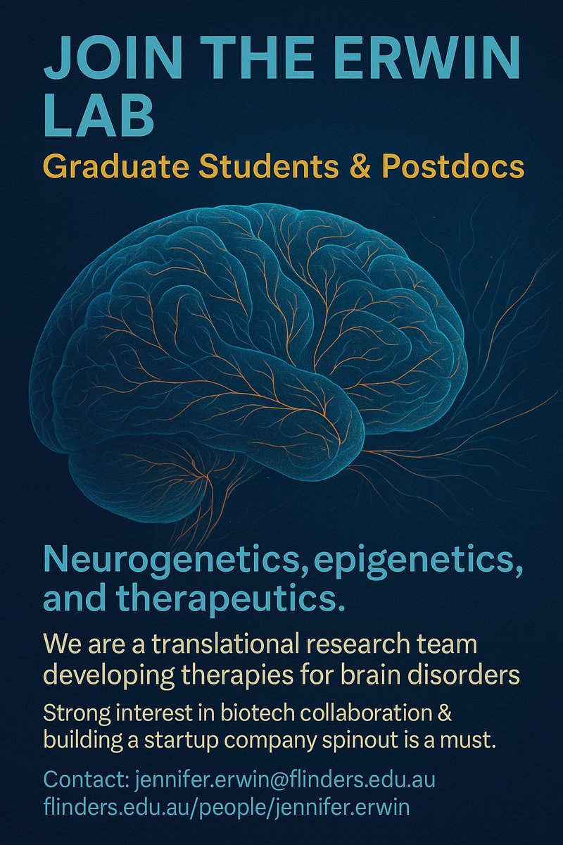 Jennifer Erwin (@jerwinlab) on Twitter photo 🚨 We're hiring! The Erwin Lab at Flinders University is looking for graduate students and postdocs passionate about neurogenetics, epigenetics & therapeutics.
Collaborate with biotech & launch a spinout.
📩 jennifer.erwin@flinders.edu.au
🔗 flinders.edu.au/people/jennife… 🚨 We're hiring! The Erwin Lab at Flinders University is looking for graduate students and postdocs passionate about neurogenetics, epigenetics & therapeutics.
Collaborate with biotech & launch a spinout.
📩 jennifer.erwin@flinders.edu.au
🔗 flinders.edu.au/people/jennife…