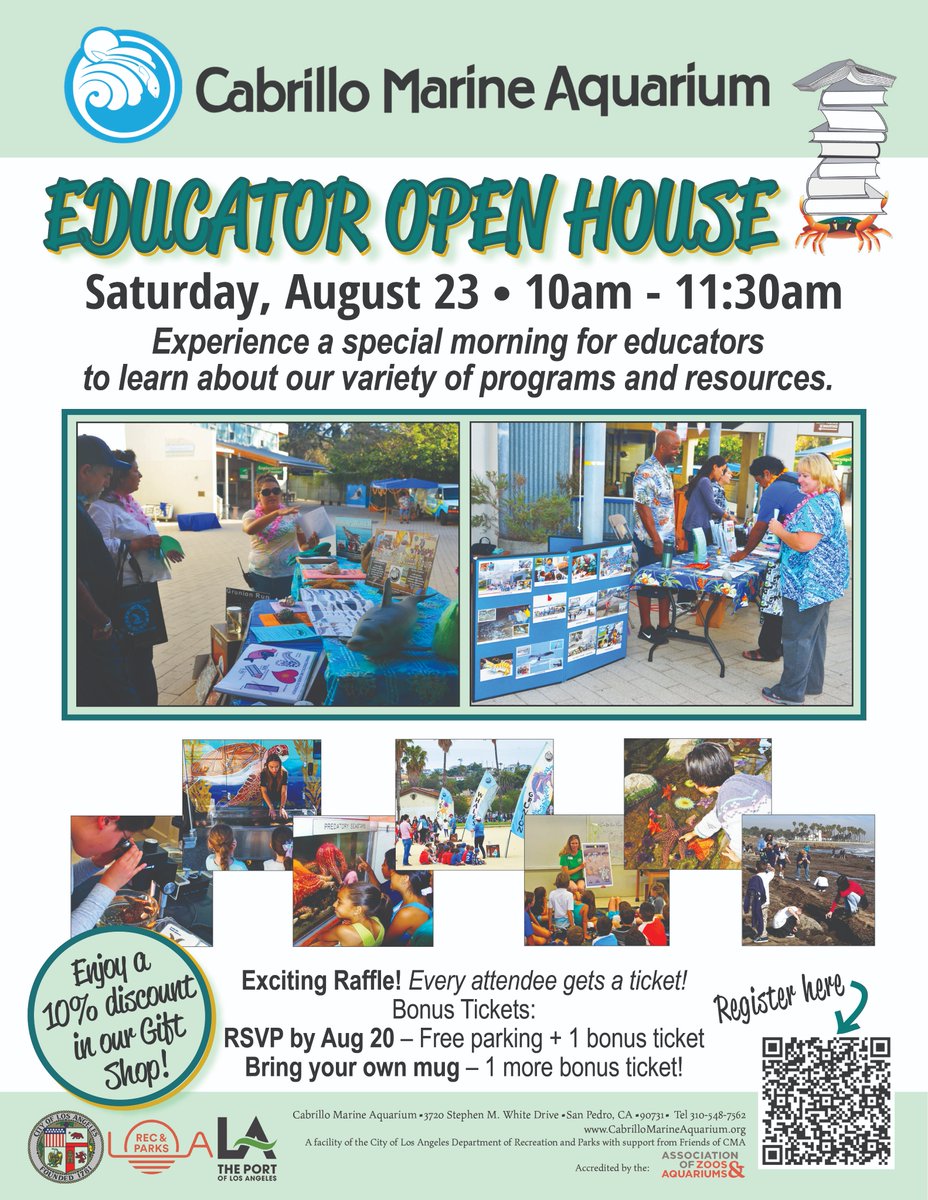 🐠 You’re invited! Join us for Cabrillo Marine Aquarium’s Open House 🎉 Explore free &amp; fee-based school programs, enjoy light refreshments, &amp; enter our raffle for prizes like a free bus trip + classes. 🚌✨ Gift shop 10% off!