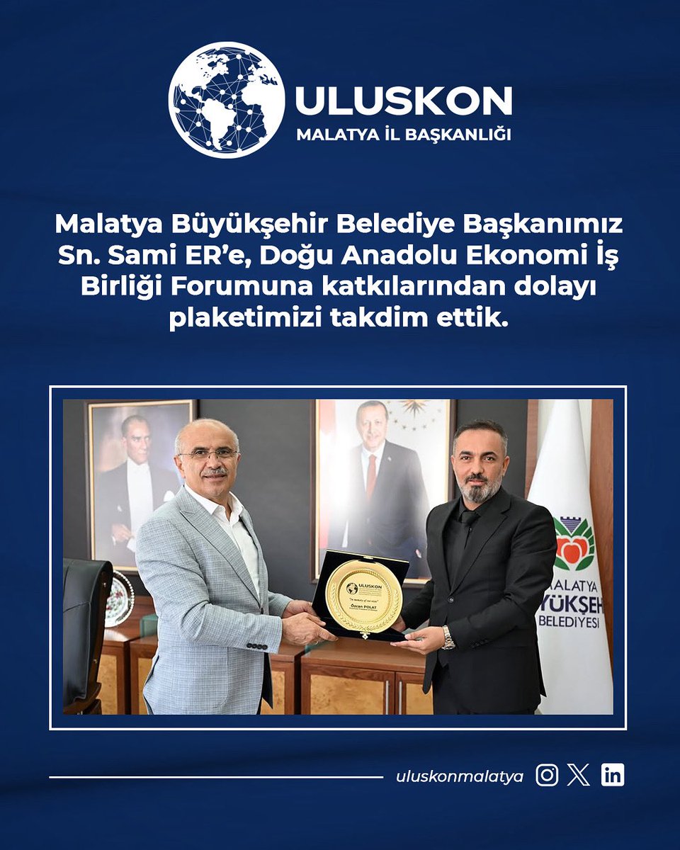 Malatya Büyükşehir Belediye Başkanımız Sn. Sami ER’e, Doğu Anadolu Ekonomi İş Birliği Forumuna katkılarından dolayı plaketimizi takdim ettim.

#Uluskon #UluskonMalatya  #UluslararasıİşBirliği #DünyaTicareti #İşDünyası #Yatırım #UluslararasıTicaret #Girişimcilik #Networking